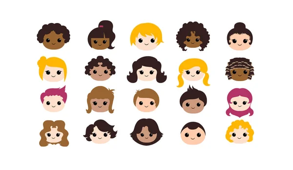 Diversité enfants mignon kawaii emoji visages mis — Image vectorielle