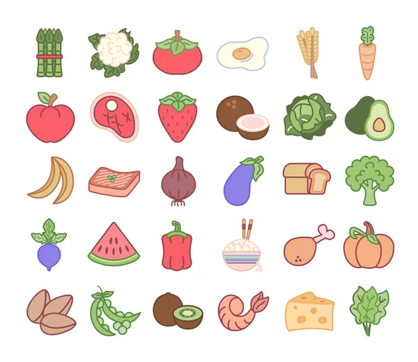 Ensemble d'icônes Emoji d'aliments sains mignons isolés — Image vectorielle