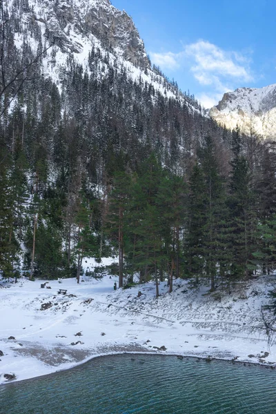 stock image Winter landscape with mountain and trees near Green lake (Gruner see) in sunny day. Famous tourist destination for walking and trekking in Styria region, Austria