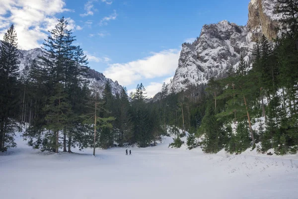 Winterlandschap met bergen en bomen in de buurt van Green Lake (Gruner see) in zonnige dag. Beroemde toeristische bestemming om te wandelen en wandelen in Stiermarken, Oostenrijk — Stockfoto