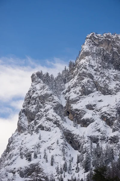 Detail horského svahu se skalami, sněhem a stromy v blízkosti Zeleného jezera (viz Grunner) za slunečného zimního dne. Slavná turistická destinace pro pěší a pěší turistiku ve Štýrsku, Rakousko — Stock fotografie