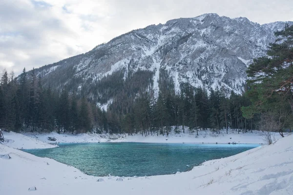 Yeşil Göl (Gruner) güneşli kış gününde. Avusturya 'nın Styria bölgesinde yürüyüş ve yürüyüş için ünlü turizm beldesi — Stok fotoğraf