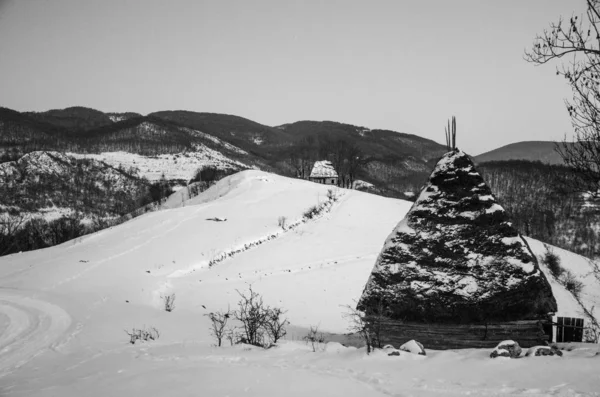Maisons traditionnelles dans le village Dumesti, Montagnes Apuseni, région Transylvanie, Roumanie, en hiver, photo en noir et blanc — Photo