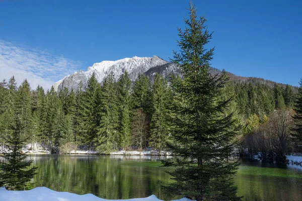 Lago verde (ver Grunner) en el soleado día de invierno. Famoso destino turístico para caminar y trekking en la región de Estiria, Austria — Foto de Stock