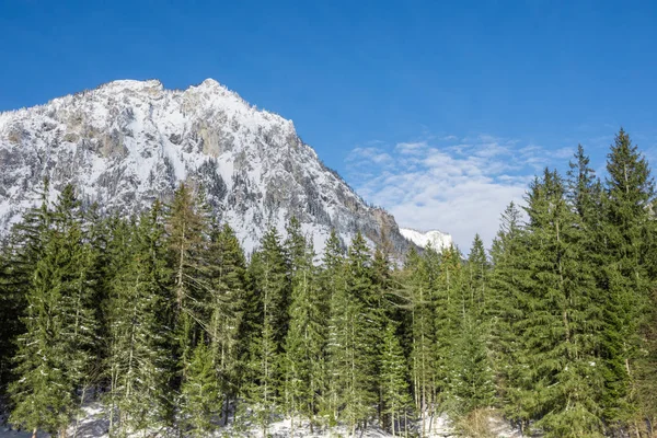 Green lake (Grunner see) in sunny winter day. Famous tourist destination for walking and trekking in Styria region, Austria — Stok fotoğraf