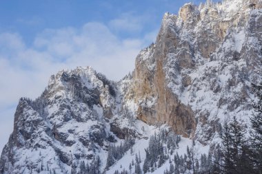 Güneşli kış gününde Yeşil Göl (Grunner) yakınlarında kayalarla, karla ve ağaçlarla kaplı dağ yüzeyinin ayrıntıları. Avusturya 'nın Styria bölgesinde yürüyüş ve yürüyüş için ünlü turizm beldesi