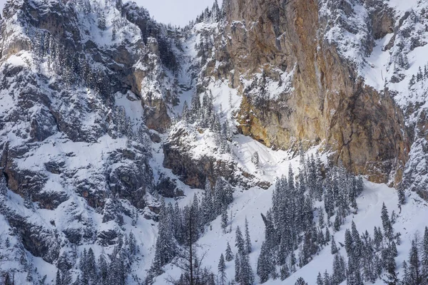 Detail of mountain face with rocks, snow and trees near Green lake (Grunner see) in sunny winter day. Famous tourist destination for walking and trekking in Styria region, Austria