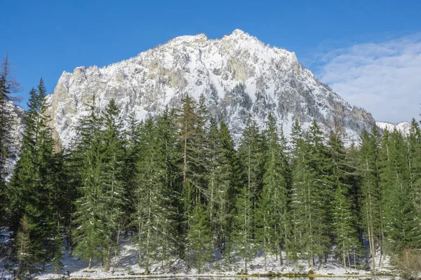 Detail of mountain face with rock, snow and trees near Green lake (Grunner see) in sunny winter day. Famous tourist destination for walking and trekking in Styria region, Austria — Stok fotoğraf