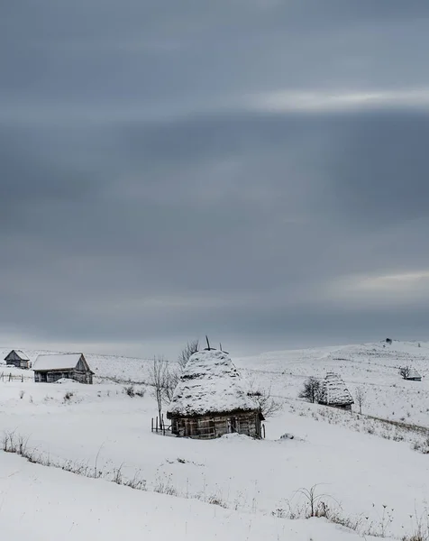 Традиционные дома в деревне Думешть, гора Апушени, Румыния, зимой — стоковое фото