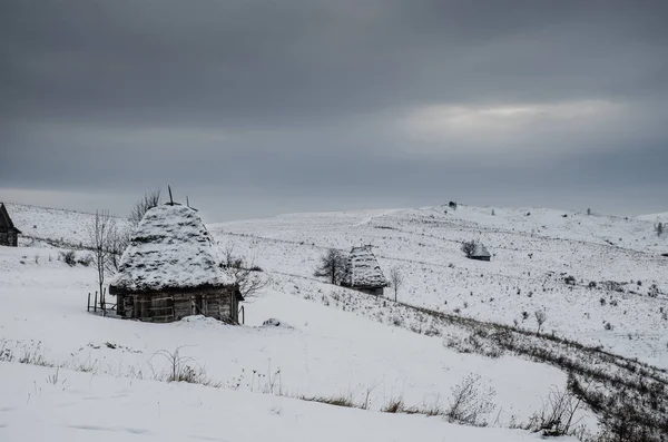 Traditionele huizen in Dumesti dorp, Apuseni gebergte, Roemenië, in de winter — Stockfoto