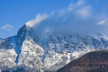 Avusturya 'nın Styria bölgesinde kayalar, karlar ve ağaçlarla kaplı dağ yüzeyinin ayrıntıları