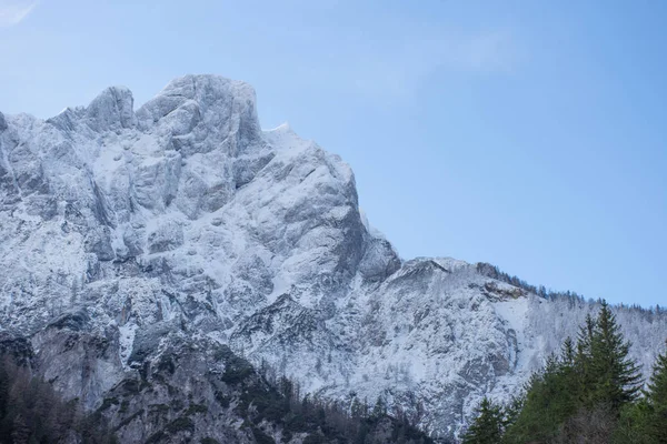 Detalhe do rosto da montanha com rochas, neve e árvores no Parque Nacional Gesause, região da Estíria, Áustria — Fotografia de Stock