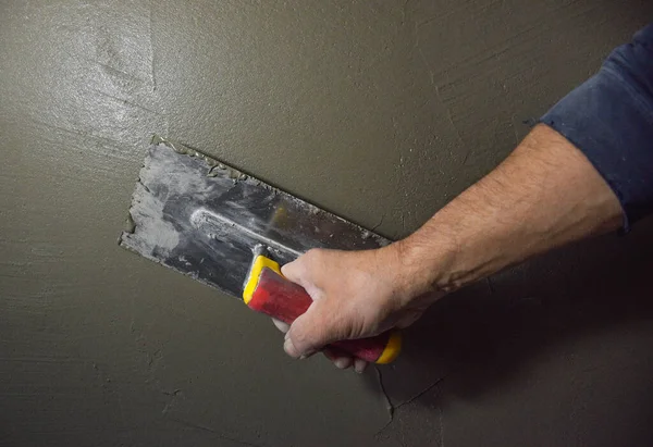 Worker Hand Plastering Smoothing Concrete Wall Cement Steel Trowel Construction — Stock Photo, Image