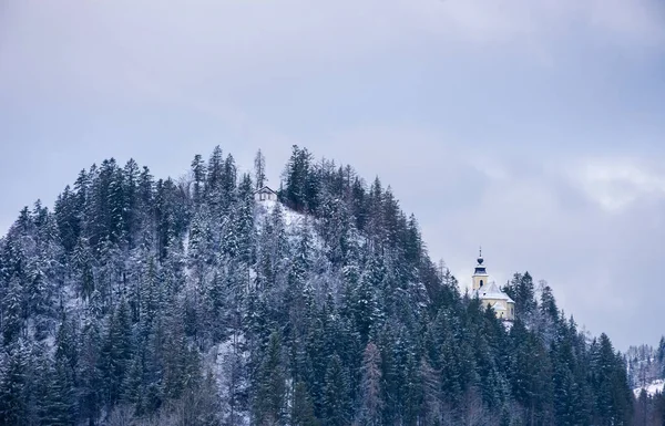 Winterlandschap Met Kleine Mooie Kerk Een Heuvel Stiermarken Oostenrijk — Stockfoto