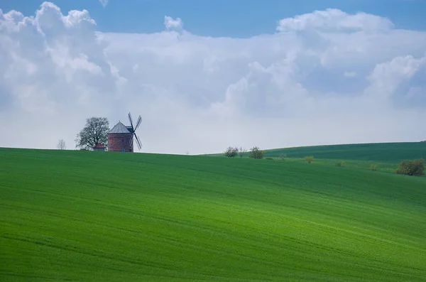 Rural Abstract Landscape Rolling Hills Windmill South Moravia Czech Republic — Stock Photo, Image