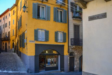 Bergamo/Italy - July 15, 2016: Street with shops in Bergamo, Upper City, famous tourist destination in Lombardy, Italy.