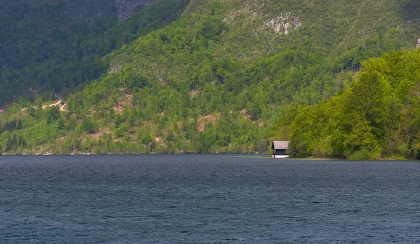 Incantevole Casetta Legno Sul Lago Bohinj Alpi Giulie Più Grande — Foto Stock