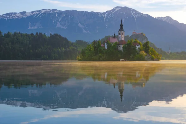 Krásné Ráno Jezera Bled Julian Alps Pozadí Jezerní Ostrov Okouzlující — Stock fotografie