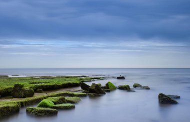 Yüksek kayalıklarla çevrili güzel Porto de Mos Sahili altın kumdan yapılmış uzun bir dil gibidir. Dalgalar alçaldığında plajın sonundaki kayalar açıkta kalır. Lagos, Batı Algarve kıyıları, Portekiz.
