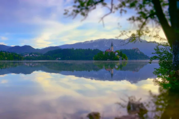 Frumoasă Dimineață Lake Bled Julian Alps Fundal Insula Lacului Biserica — Fotografie, imagine de stoc