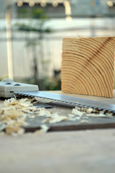 Saw and wooden shavings on the boards — Stock Photo, Image