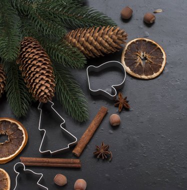 Christmas dalları, toplar, boncuk, koniler, baharatlı Noel backgro