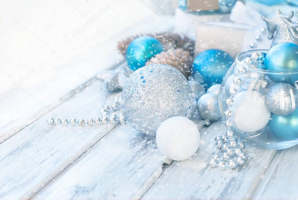 Christmas balls, beads, cones,  Christmas background.