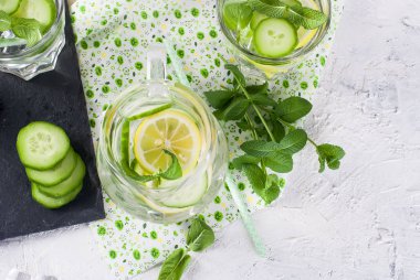 Gözlük Detoks taze organik salatalık ile limon ve nane su 