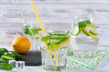 Gözlük Detoks taze organik salatalık ile limon ve nane su 