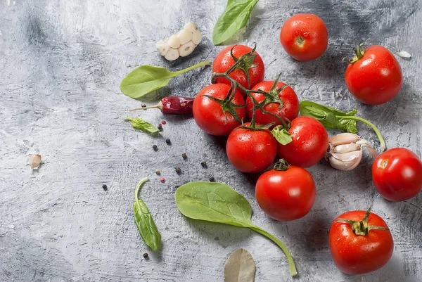 Tomates de cereja em um ramo, folhas de espinafre e tempero — Fotografia de Stock