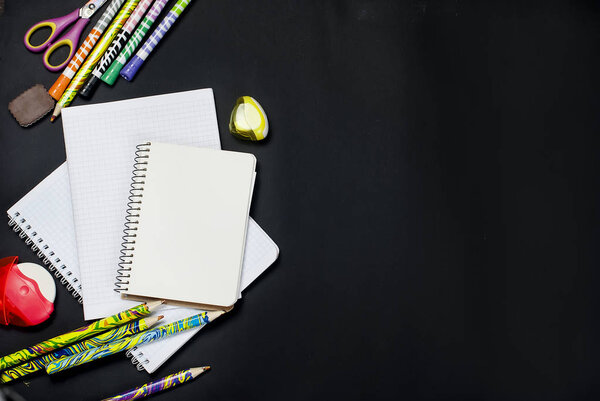 Flat lay set of Assorted colorful school supplies