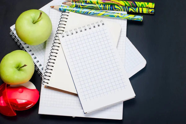 Düz yatıyordu kümesi çeşitli renkli okul malzemeleri