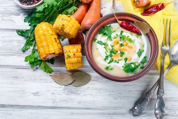 Corn Soup in a Ceramic Plate and Ingredients