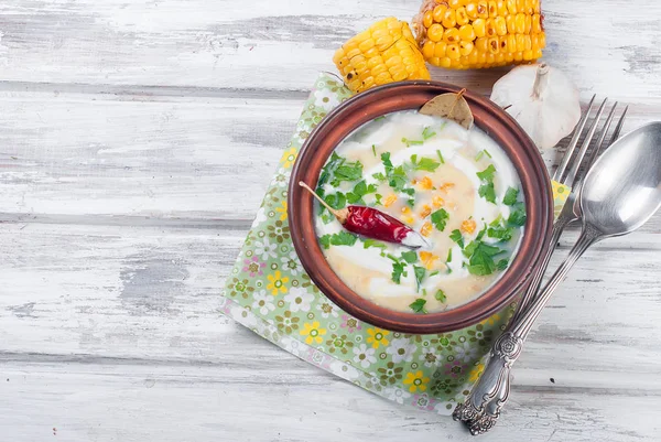 Corn Soup in a Ceramic Plate and Ingredients