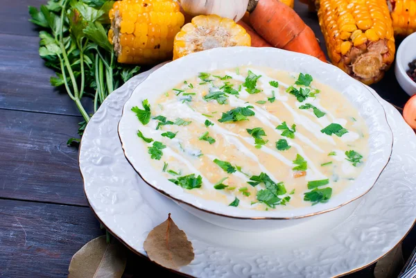 Corn Soup in a Ceramic Plate and Ingredients — Stock Photo, Image