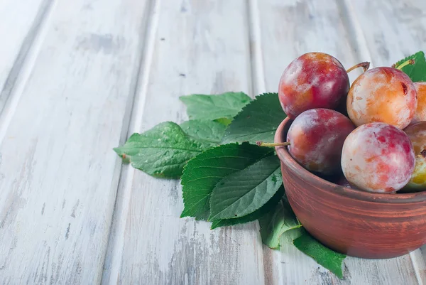 Eski ahşap masa üzerinde bir kapta bahçesinden taze Erik.