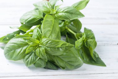 Ahşap bir zemin üzerine yeşil taze fesleğen demet