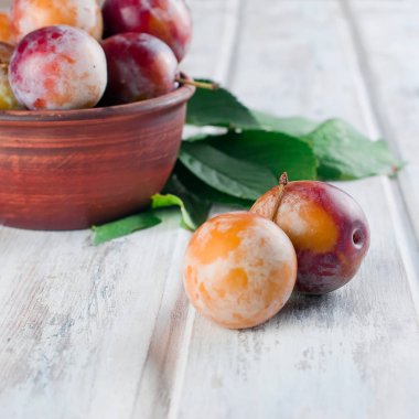 Eski ahşap masa üzerinde bir kapta bahçesinden taze Erik.