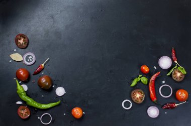 Baharat ve otlar pişirme yemek için-slised domates, soğan, sal