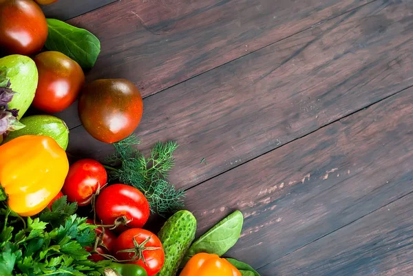 Svarta och röda tomater, grön och röd paprika, örter — Stockfoto