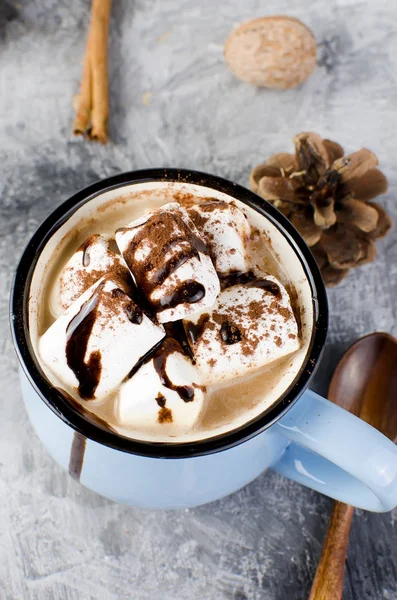 çam kozalakları, eski ahşap zemin üzerine mavi fincan kakao