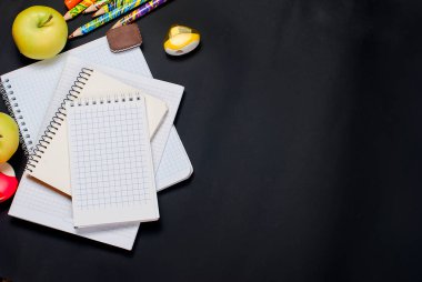 Düz yatıyordu kümesi çeşitli renkli okul malzemeleri