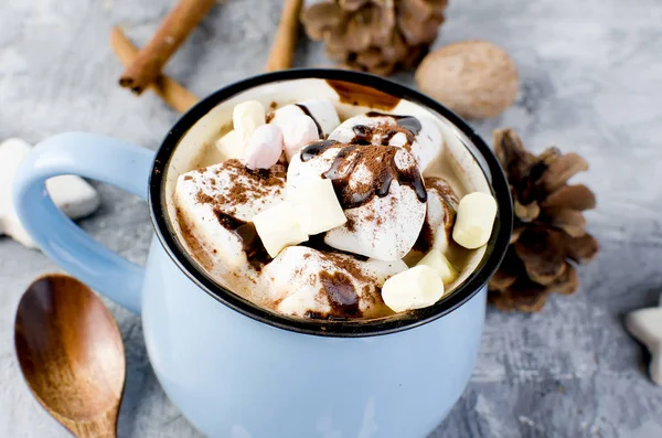 Cônes de pin, cacao en tasse bleue sur le vieux fond en bois — Photo