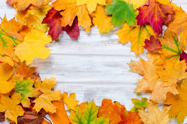 Coloridas hojas de arce de otoño en la mesa de madera —  Fotos de Stock