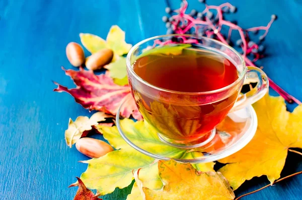 Hojas de otoño y taza de té sobre mesa de madera — Foto de Stock