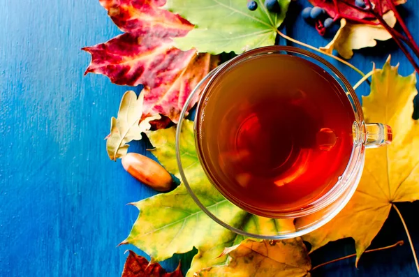 Hojas de otoño y taza de té sobre mesa de madera — Foto de Stock