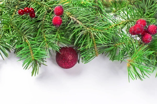 Fundo de natal com abeto, bola vermelha e bagas de inverno — Fotografia de Stock