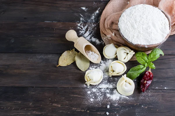 Raw dumplings with meat with flour on dark background — Stock Photo, Image