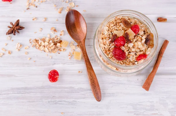 Café da manhã saudável definido Granola em frasco de vidro — Fotografia de Stock