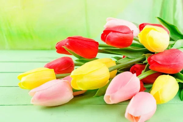 Аромат весенних красных, розовых и желтых тюльпанов — стоковое фото